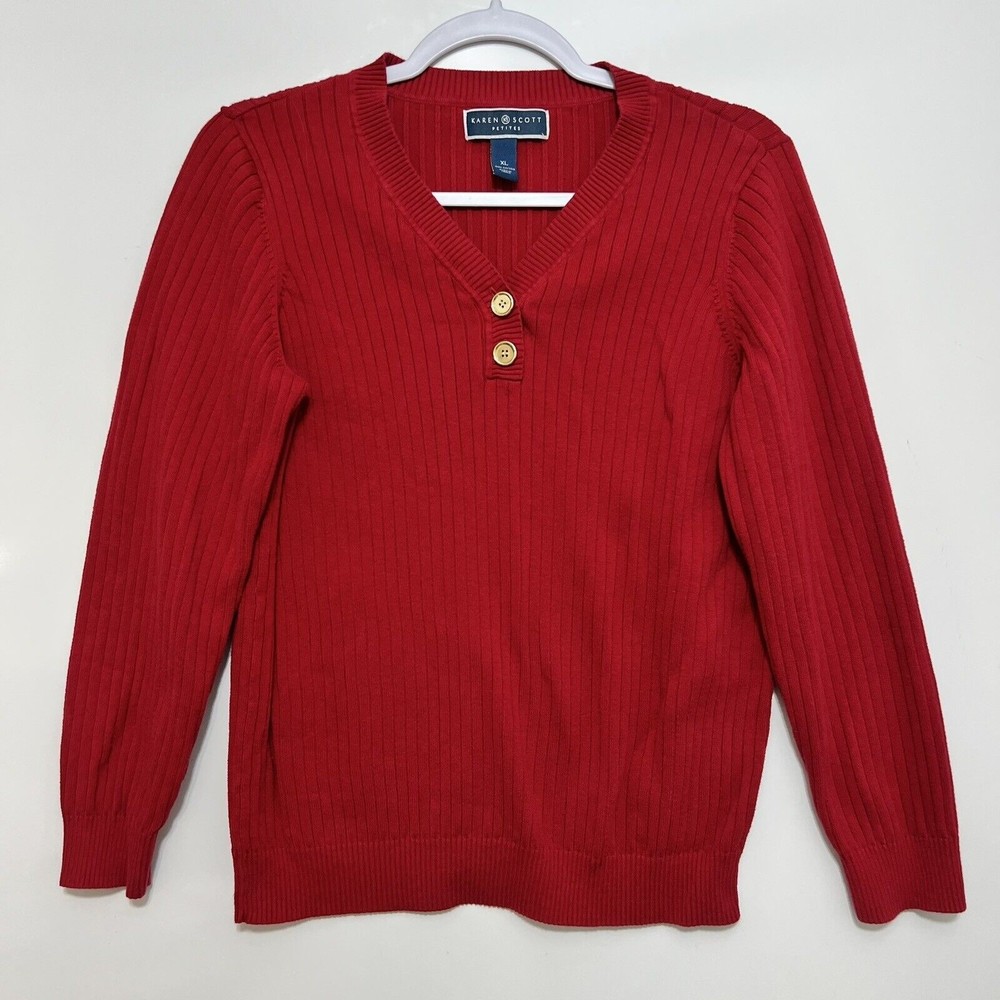 Karen Scott Petite Red Button Cotton Long Sleeve Knit Cable Sweater Shirt